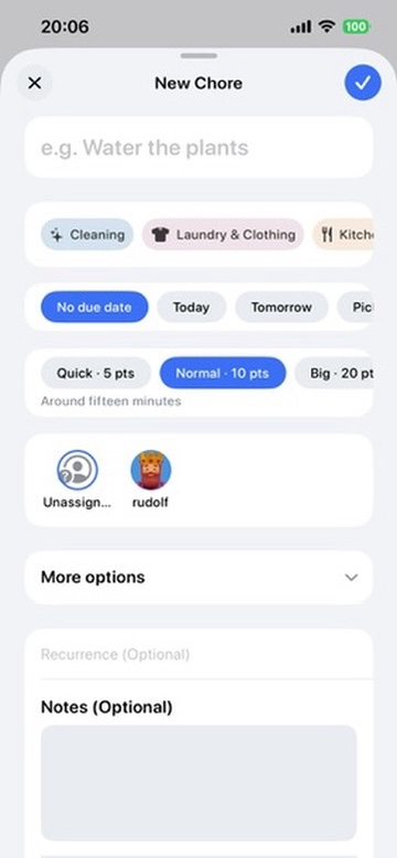 The screen for adding a chore, with effort, member, and reminder