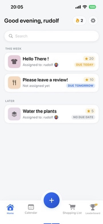 The household chore list, with due dates and points